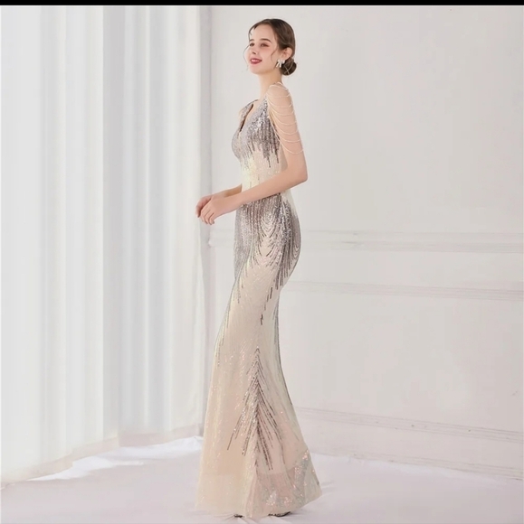 Silver/Gray Striped Print, V Neck, Backless, Sleeveless, Beaded, Sequined Gown - Picture 5 of 16